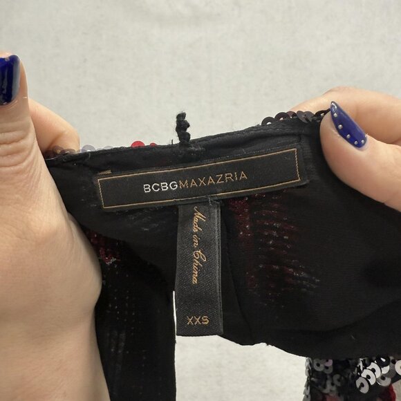 BCBGMAXAZRIA Dress Womens XXS Black Sequin Silk V Neck Cocktail Mini - Picture 5 of 9